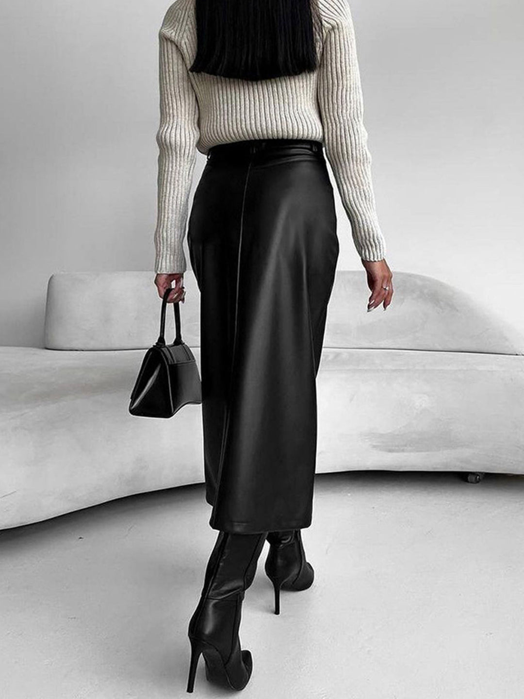 Jupe Midi Fausse Cuir à Fente