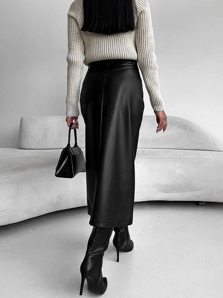 Jupe Midi Fausse Cuir à Fente