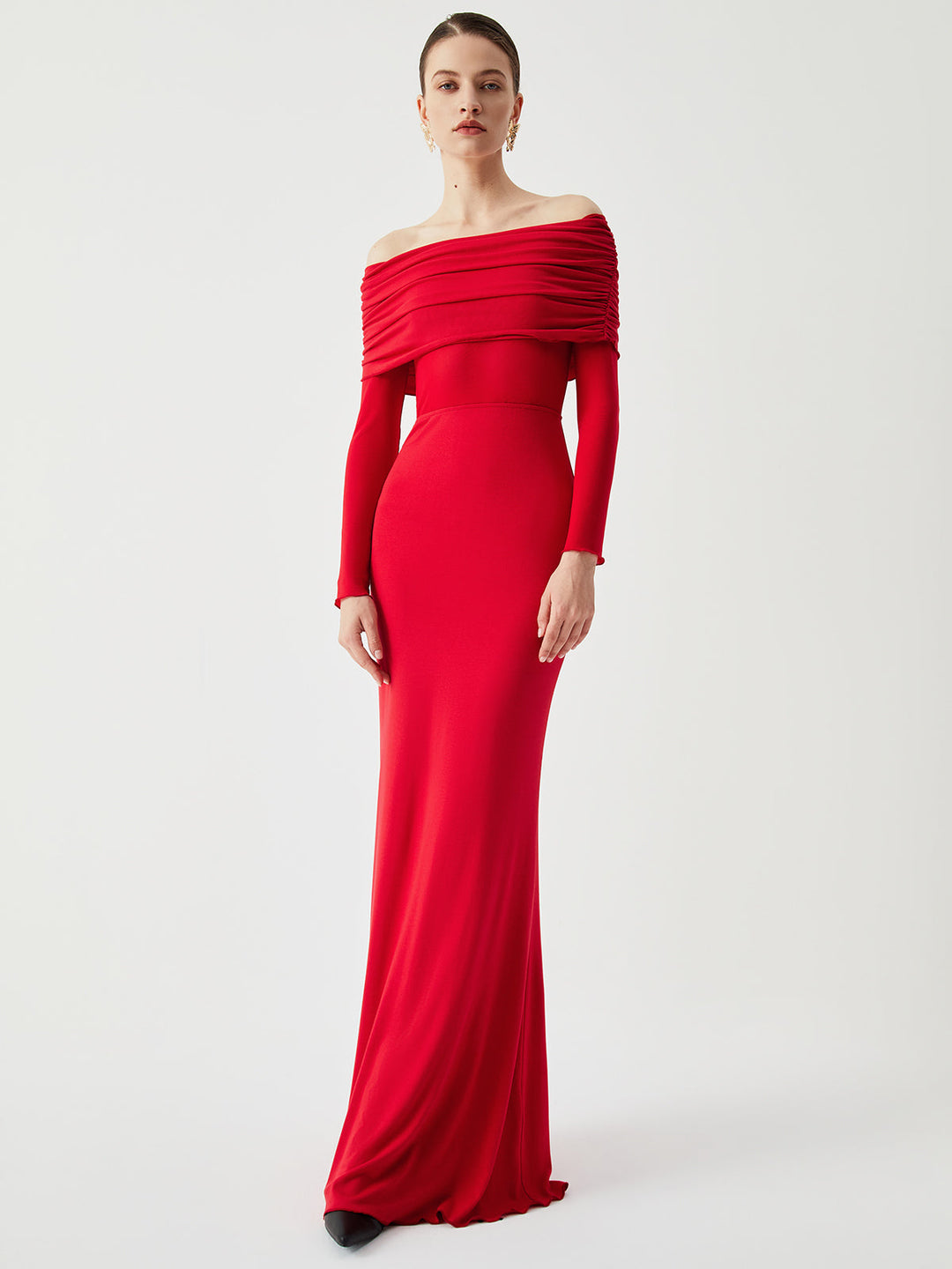 Robe Longue Semi-Transparente à Épaules Dégagées en Maille à Manches Longues