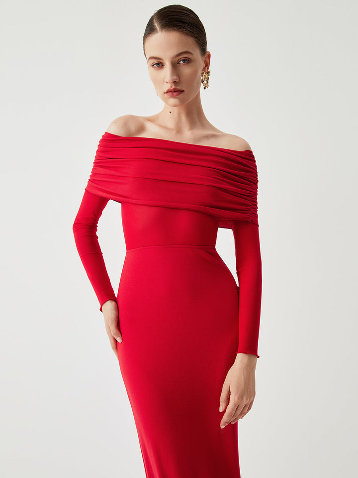 Robe Longue Semi-Transparente à Épaules Dégagées en Maille à Manches Longues