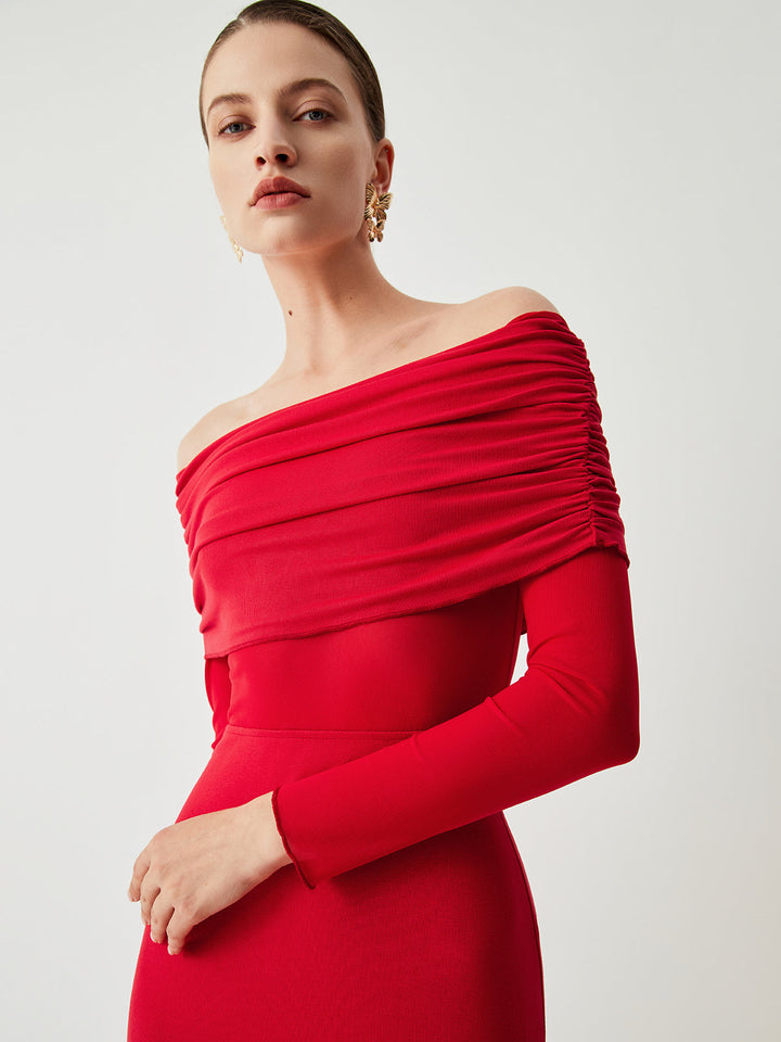 Robe Longue Semi-Transparente à Épaules Dégagées en Maille à Manches Longues