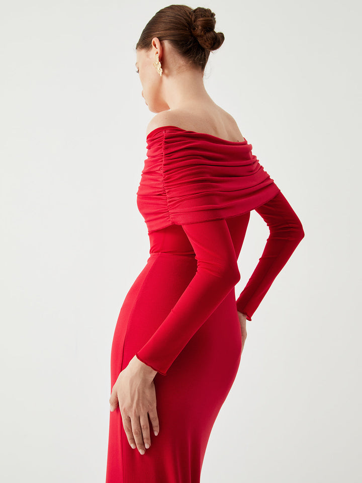 Robe Longue Semi-Transparente à Épaules Dégagées en Maille à Manches Longues