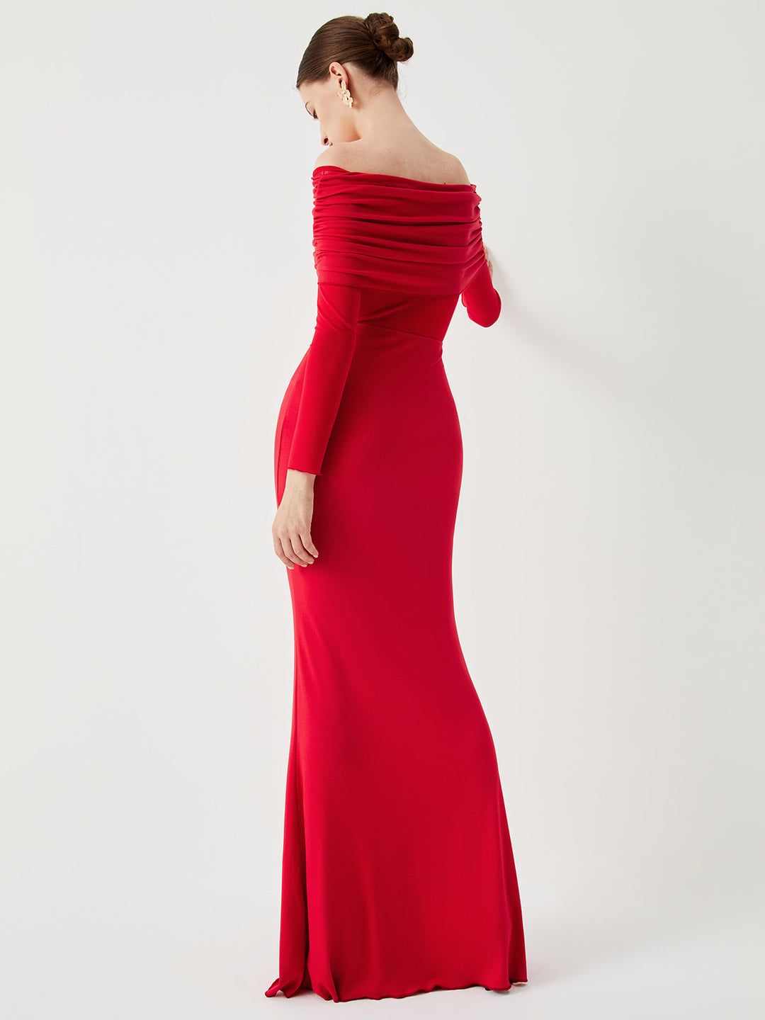Robe Longue Semi-Transparente à Épaules Dégagées en Maille à Manches Longues