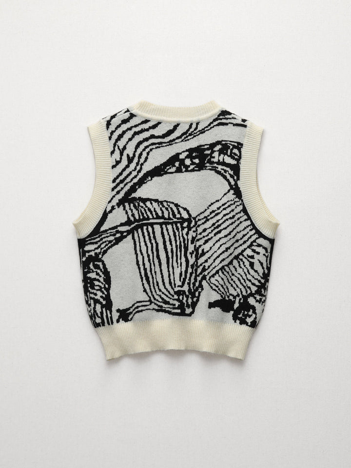 Gilet Pull Sans Manches à Fleurs avec Bordure Contrastante