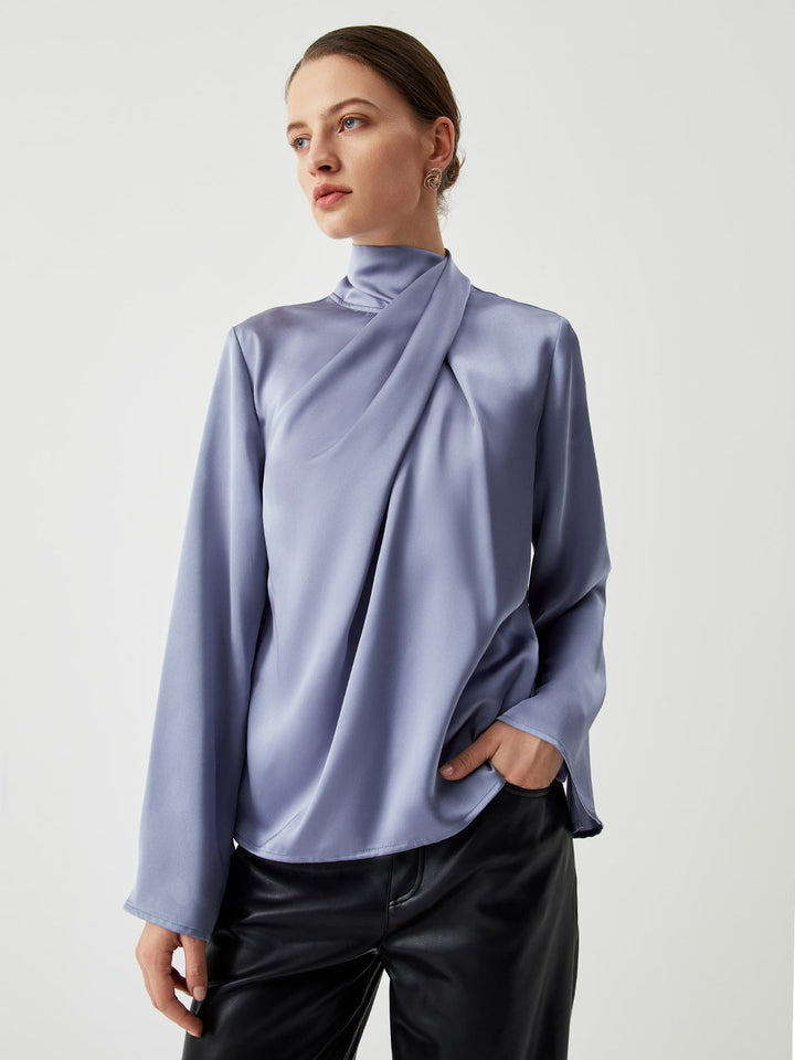 Blouse Satin à col roulé asymétrique plissé