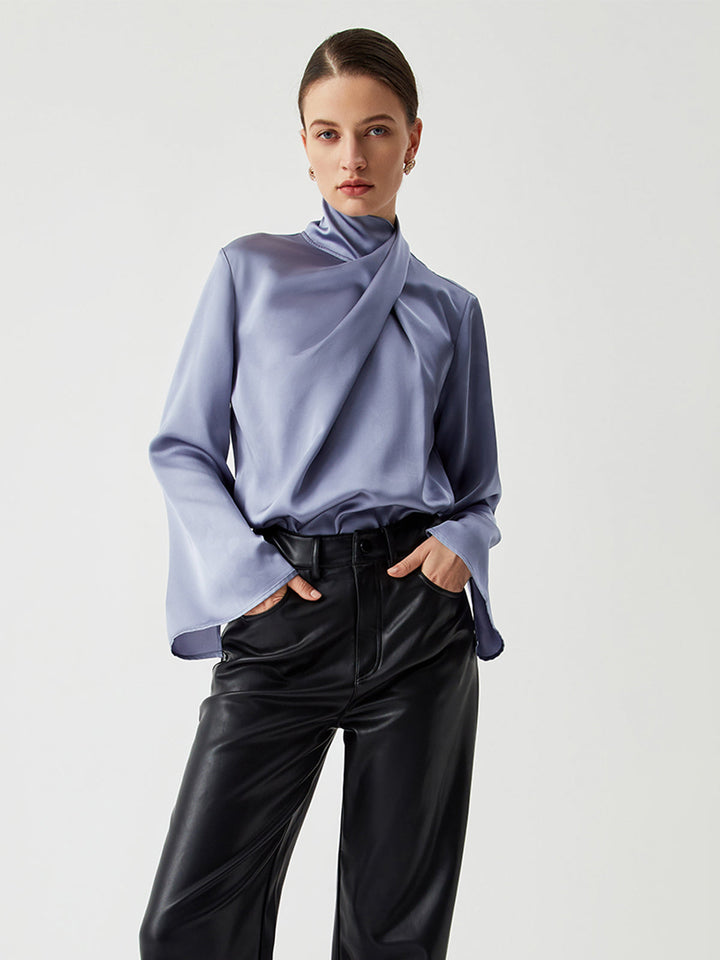 Blouse Satin à col roulé asymétrique plissé
