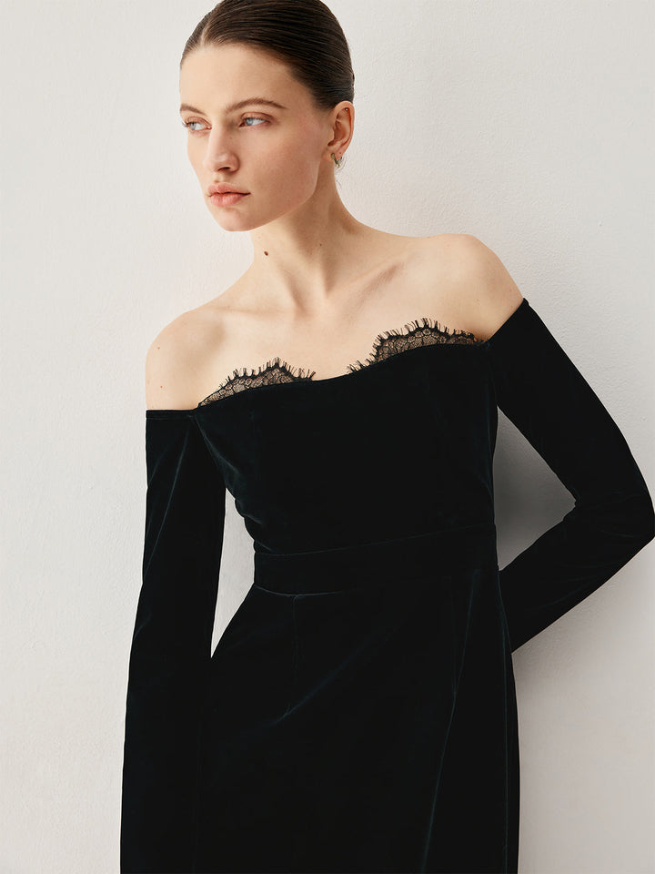 Robe Mi-Longue Velours Col Bardot Patchwork Fente