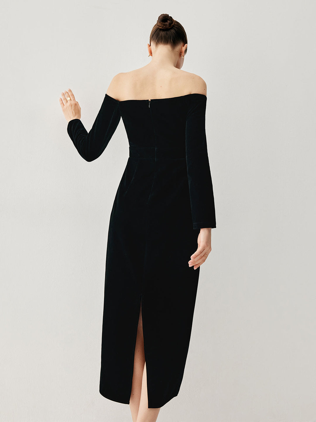 Robe Mi-Longue Velours Col Bardot Patchwork Fente
