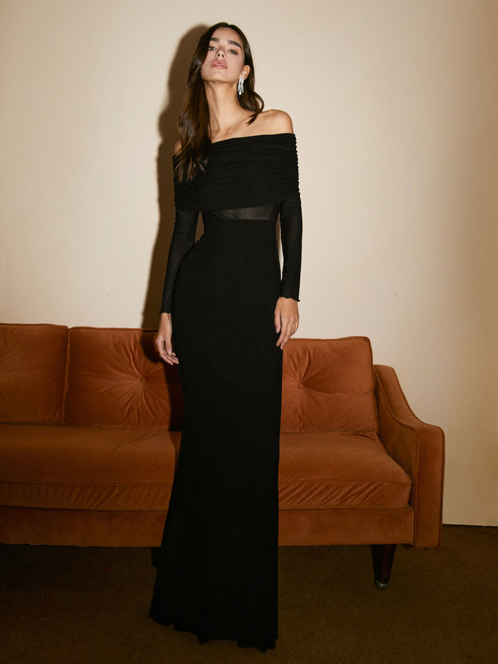 Robe Longue Semi-Transparente à Épaules Dégagées en Maille à Manches Longues