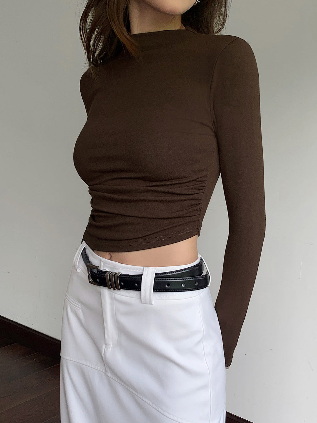 Chemise Crop en Tricot CôTelé à Manches Longues et Col Montant Slinky