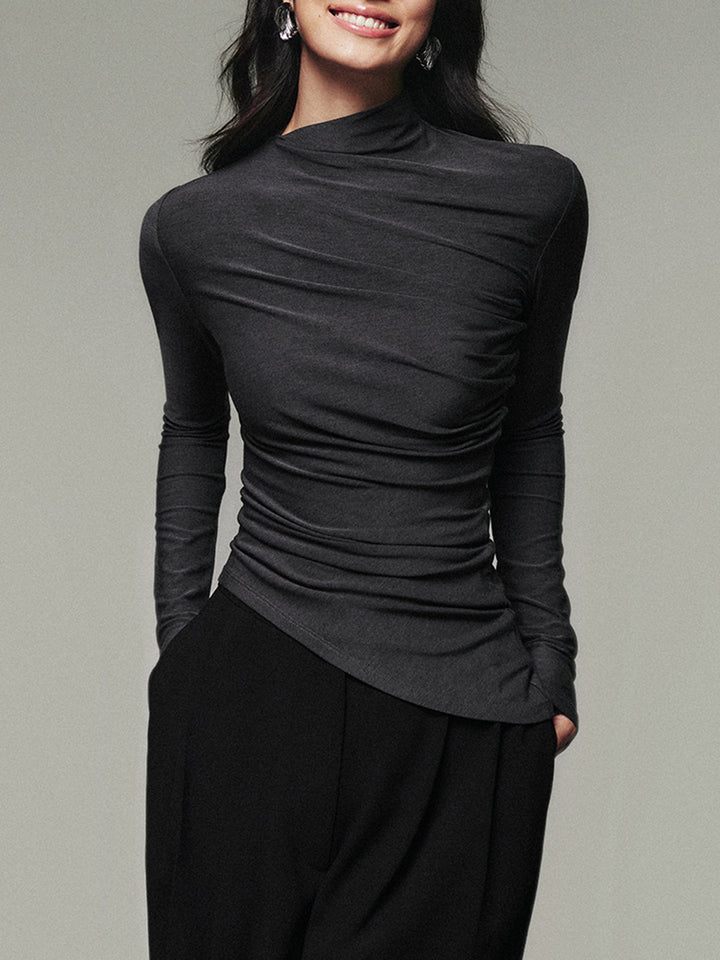 Chemise Longue à Manches Chauve-Souris à Col Asymétrique Drapé