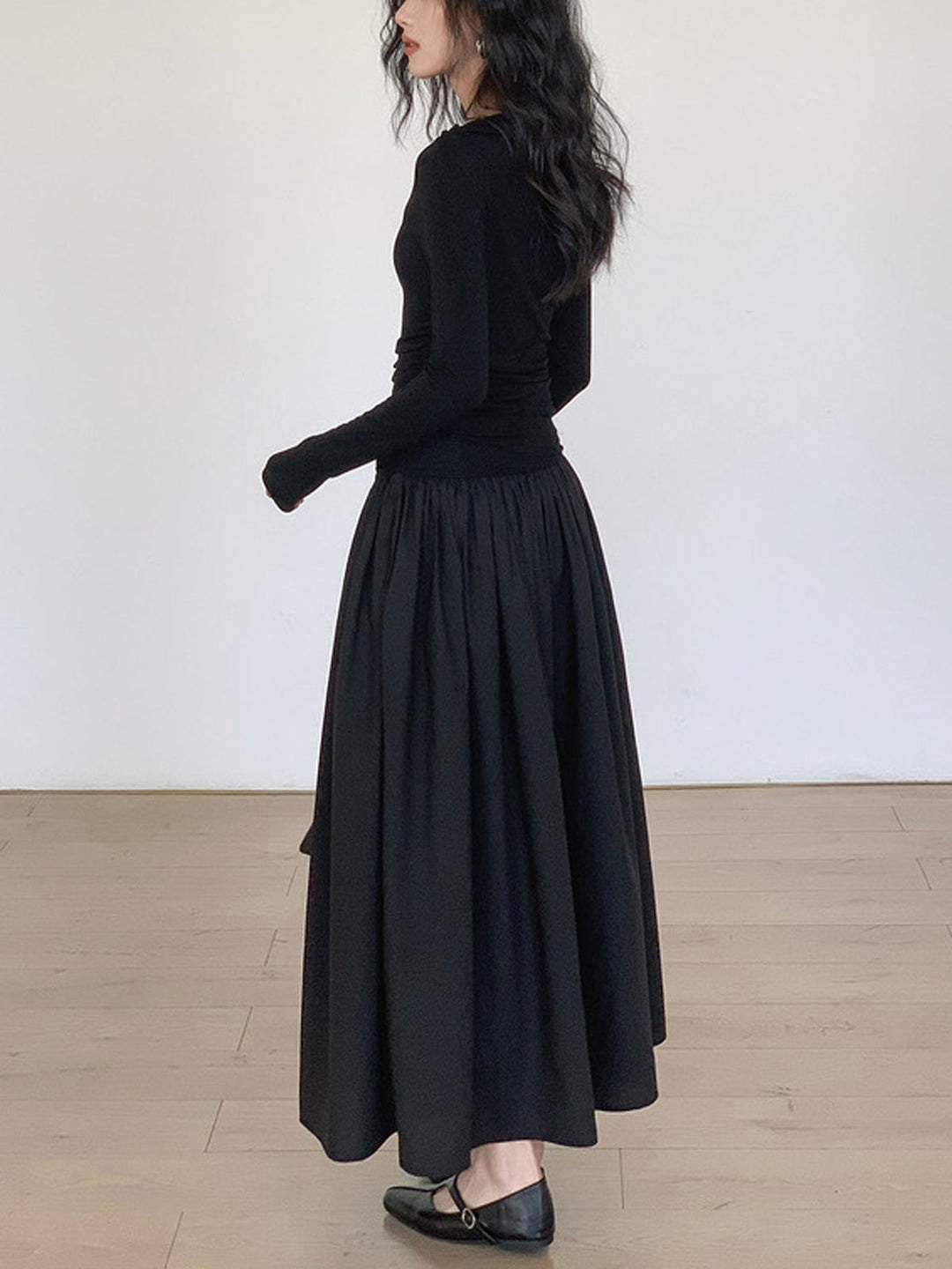 Robe Mi-longue en Tricot Patchwork Plissé à Manches Longues