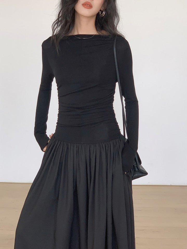 Robe Mi-longue en Tricot Patchwork Plissé à Manches Longues