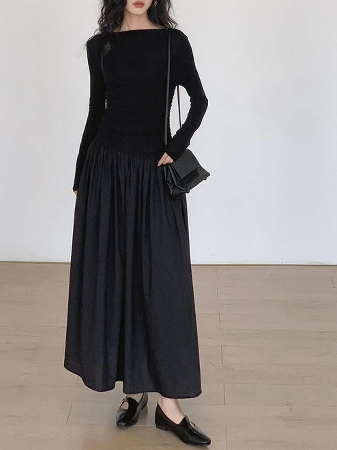Robe Mi-longue en Tricot Patchwork Plissé à Manches Longues
