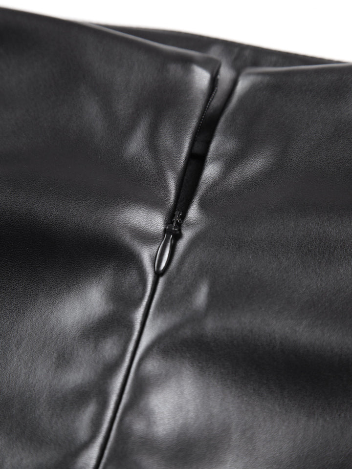 Jupe Midi Faux Cuir Ruchée à Fente
