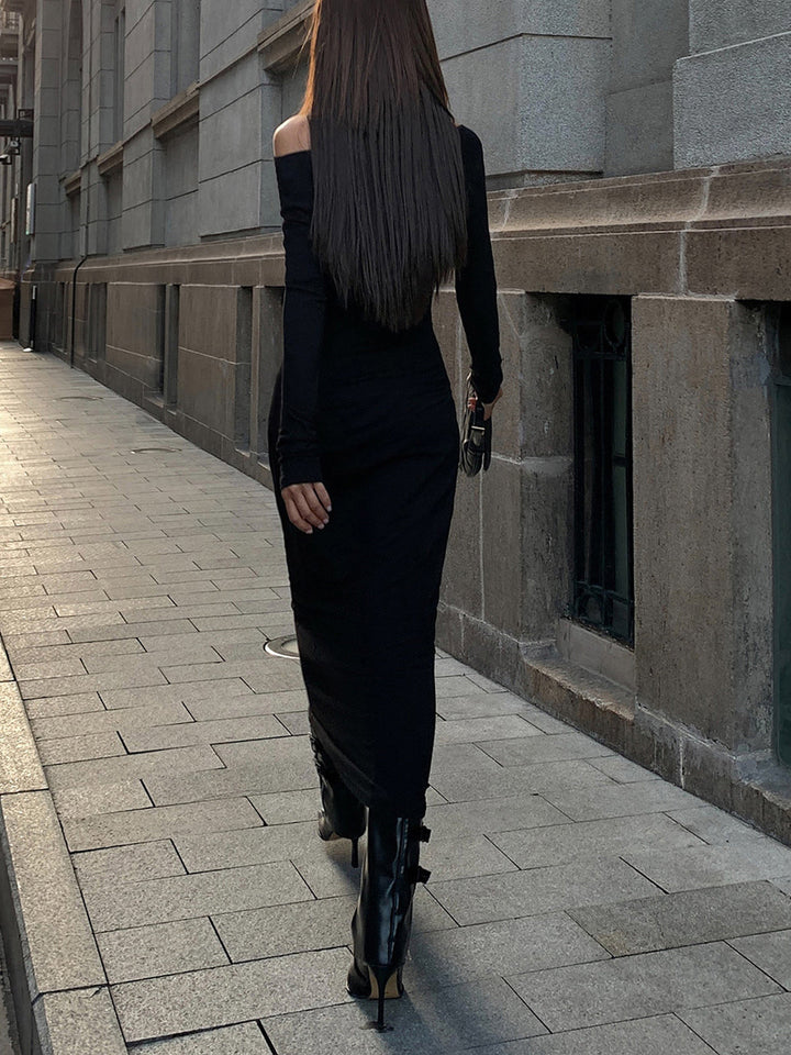 Robe Longue Longue en Tricot côtelé à épaules dénudées