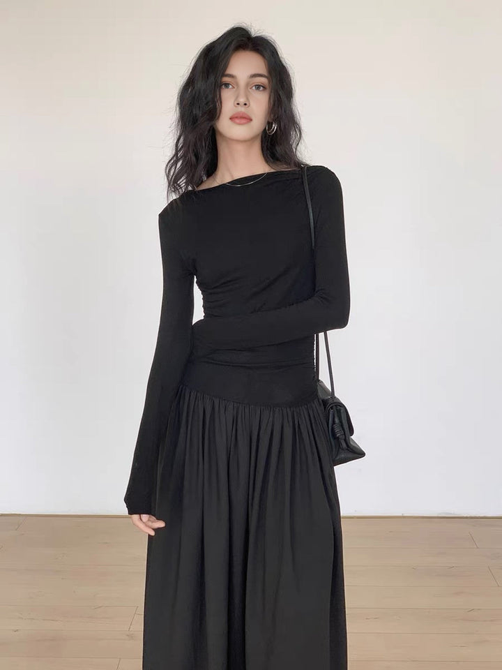 Robe Mi-longue en Tricot Patchwork Plissé à Manches Longues