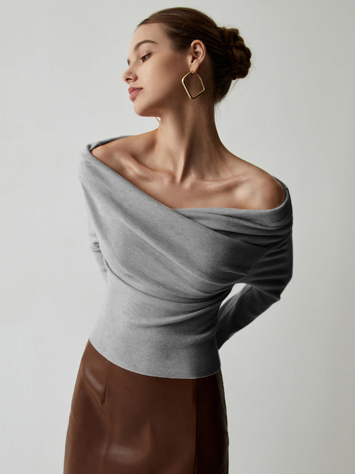 Haut en tricot à manches longues et col Bardot drapé