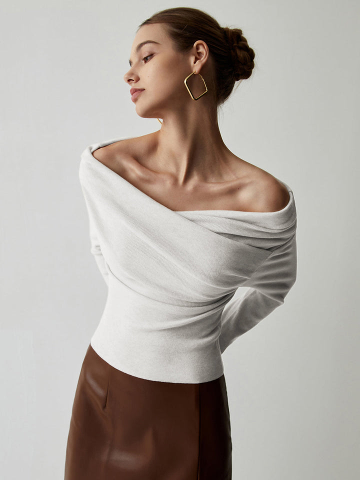 Haut en tricot à manches longues et col Bardot drapé
