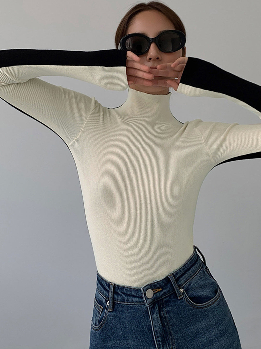 Haut en tricot à manches longues réversible bicolore