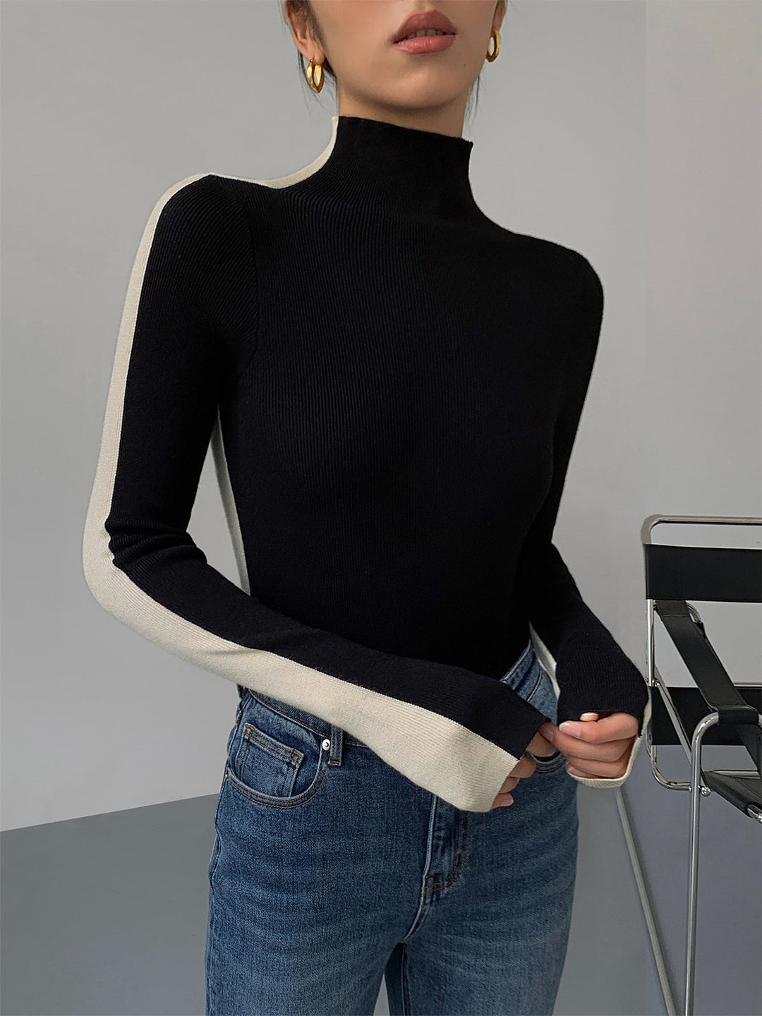 Haut en tricot à manches longues réversible bicolore