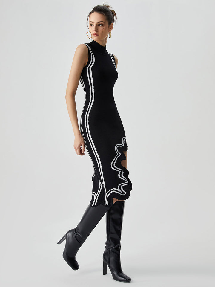 Robe Mi-longue Perlée Asymétrique à Col Montant Noir