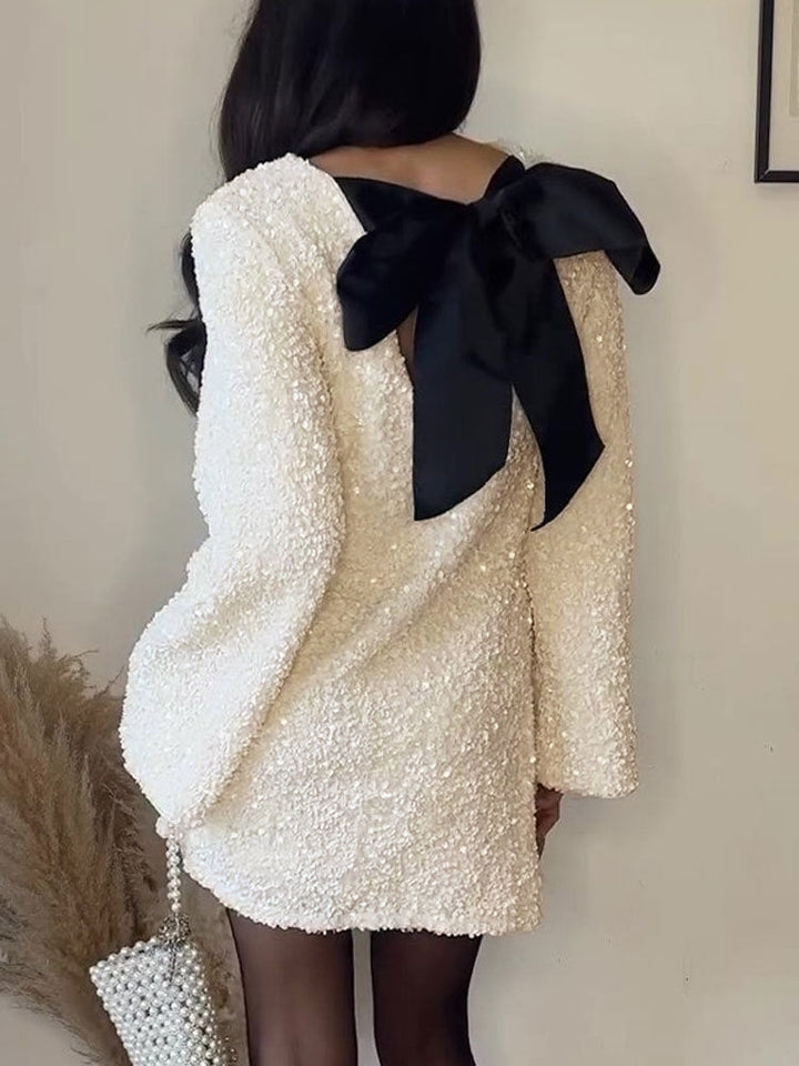 Robe Mini à Pois en Velours avec Nœud