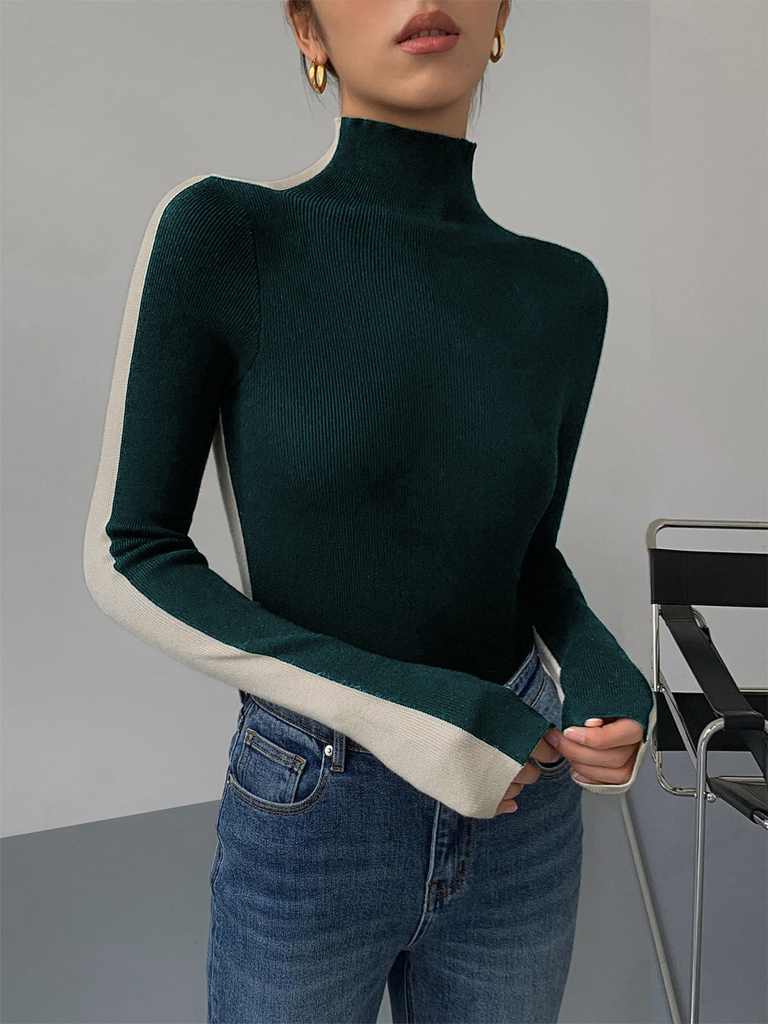 Haut en tricot à manches longues réversible bicolore