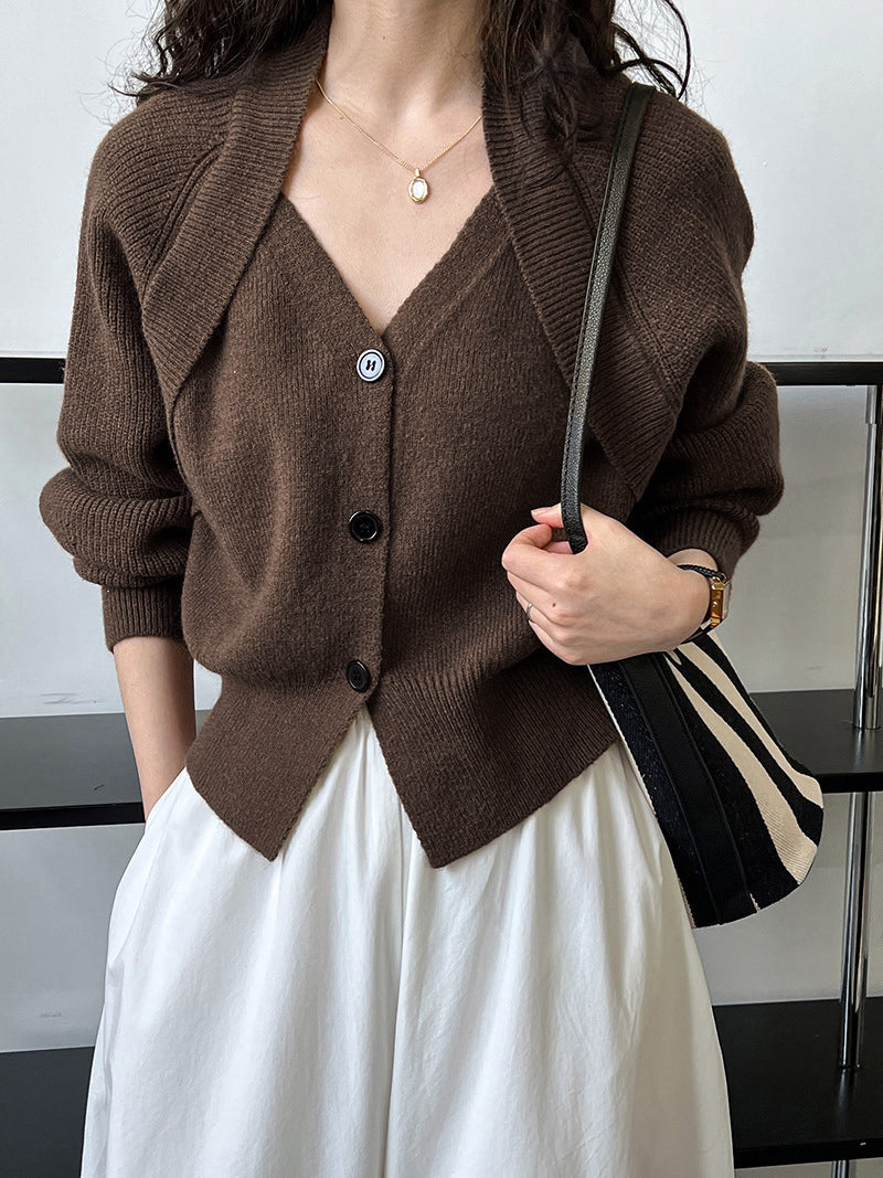 Pull Col V Bouton Tricoté Patchwork