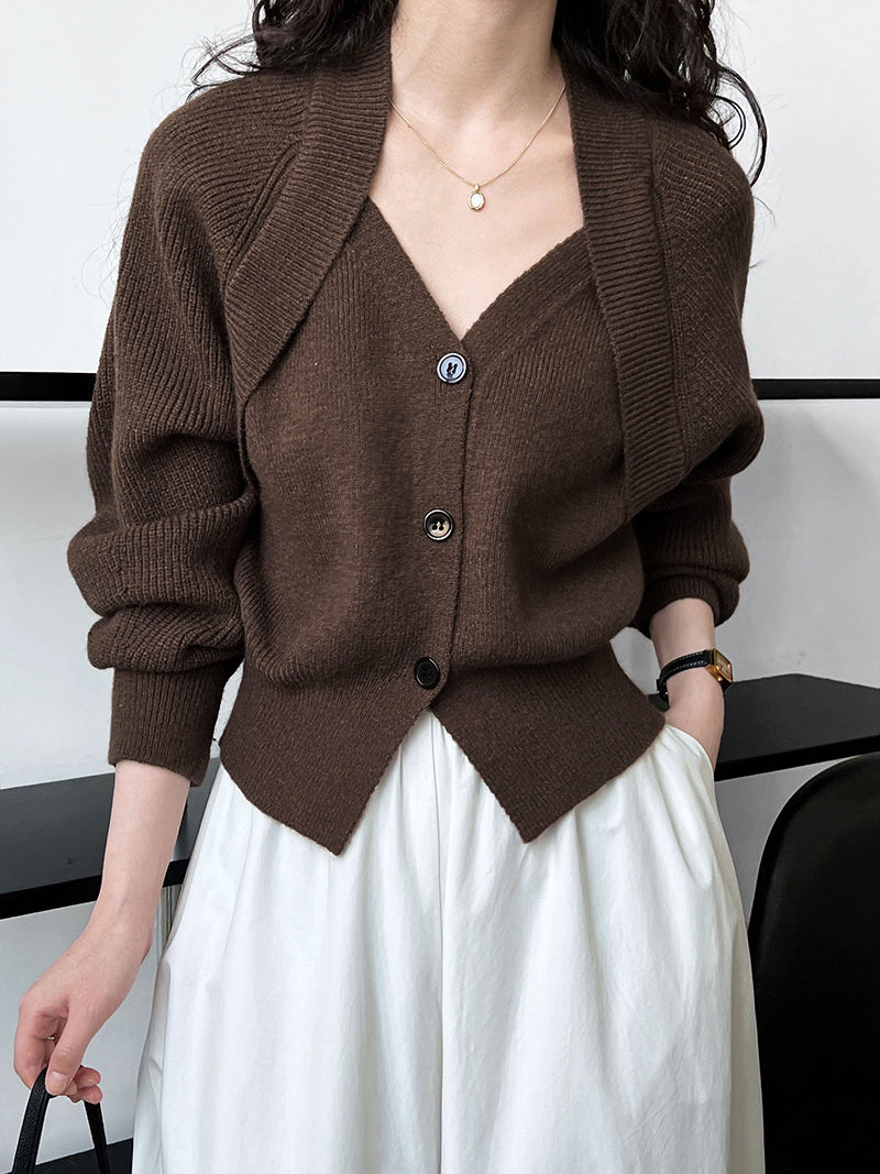 Pull Col V Bouton Tricoté Patchwork