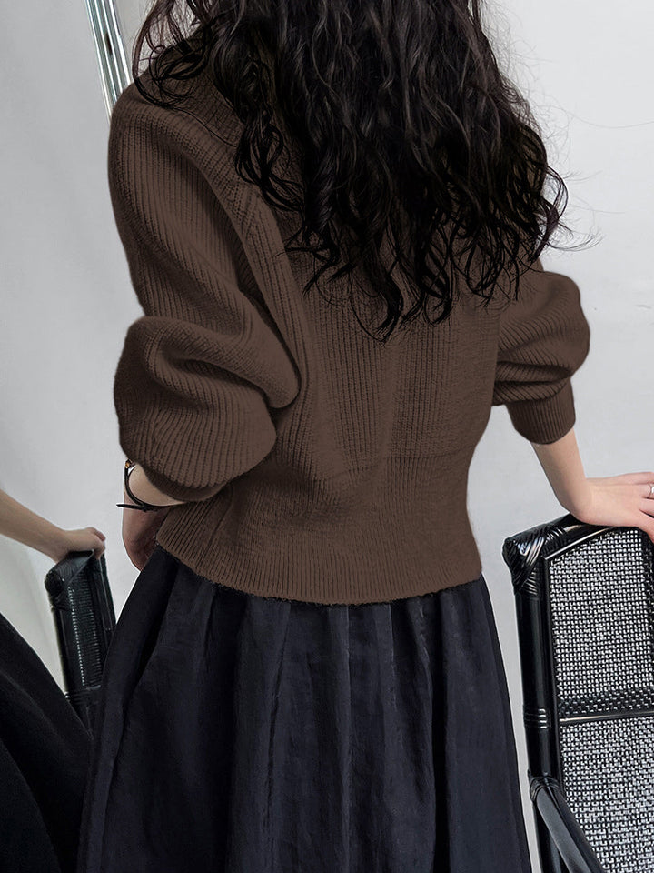 Pull Col V Bouton Tricoté Patchwork