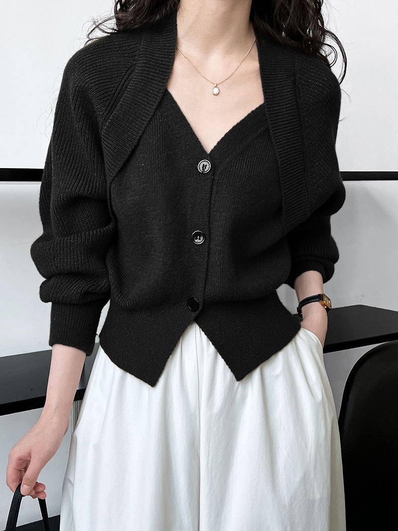 Pull Col V Bouton Tricoté Patchwork