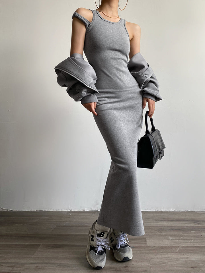 Robe Longue Asymétrique à Col Rond et Fente