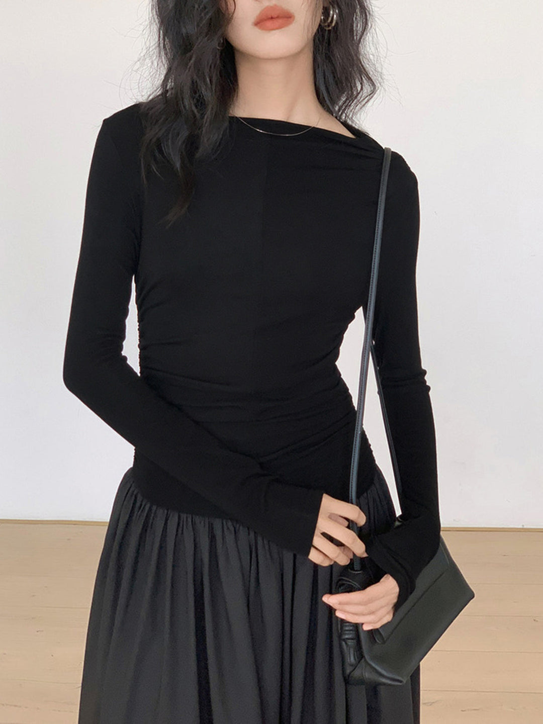 Robe Mi-longue en Tricot Patchwork Plissé à Manches Longues