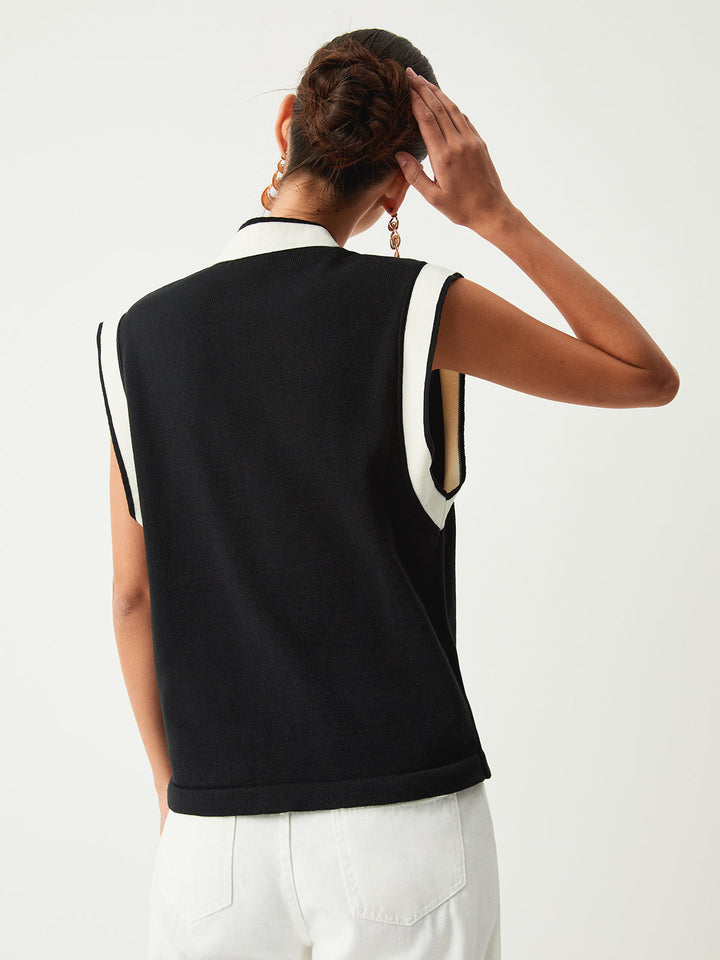 Gilet Pull Sans Manches à Garniture Contrastante
