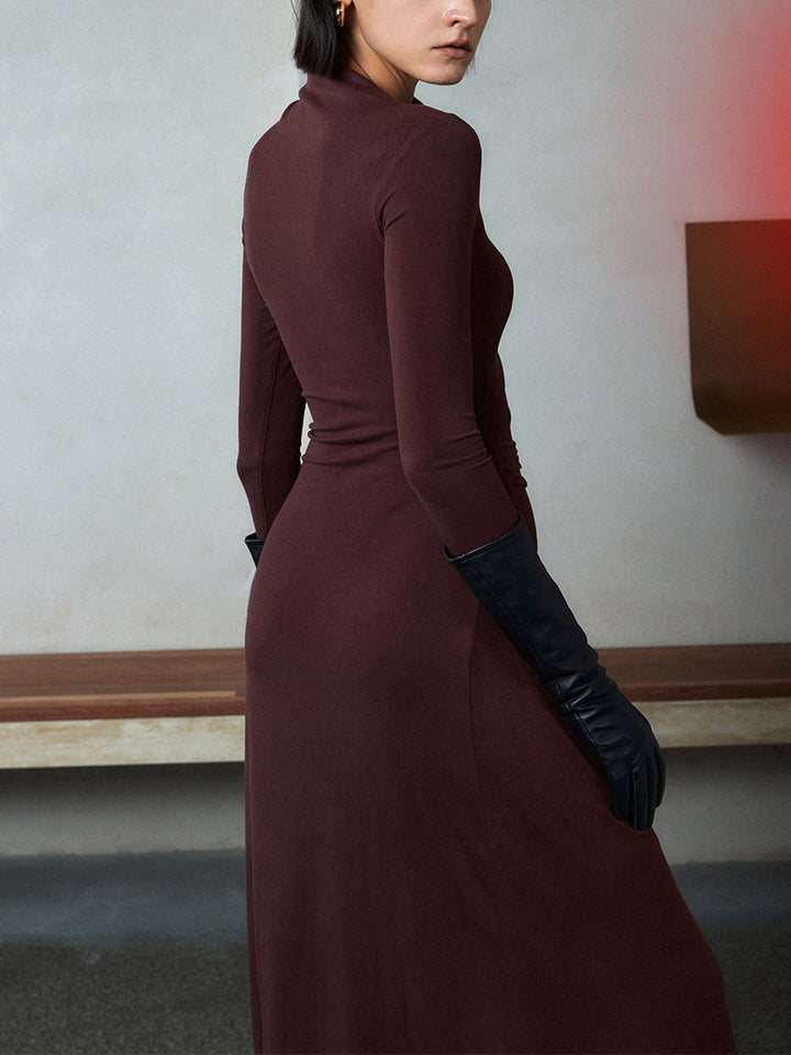Robe Maxi à Manches Longues et Décolleté Asymétrique Ruché
