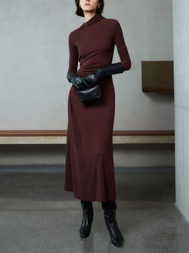 Robe Maxi à Manches Longues et Décolleté Asymétrique Ruché