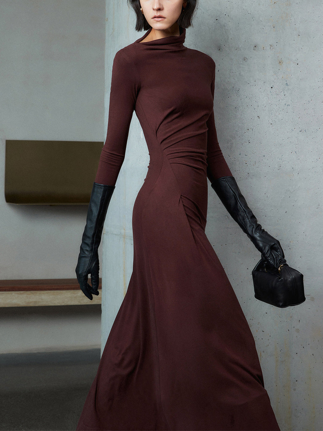 Robe Maxi à Manches Longues et Décolleté Asymétrique Ruché