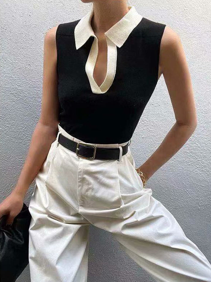 Gilet en tricot à col contrastant et encolure en V