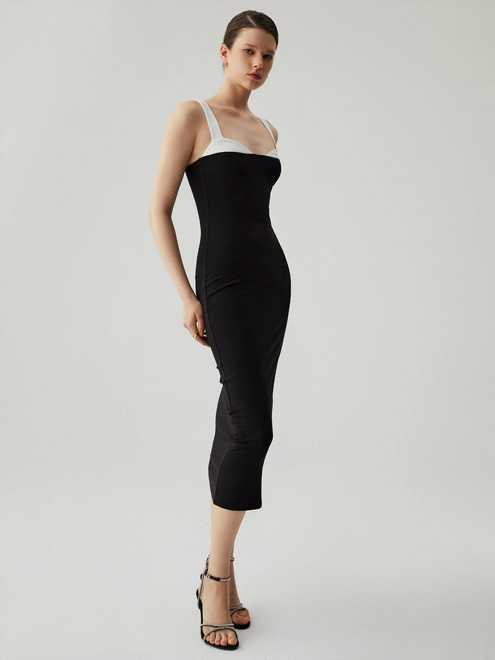 Robe Mi-longue Moulante Patchwork à Col Coeur