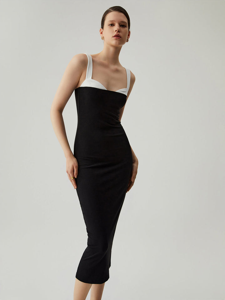 Robe Mi-longue Moulante Patchwork à Col Coeur