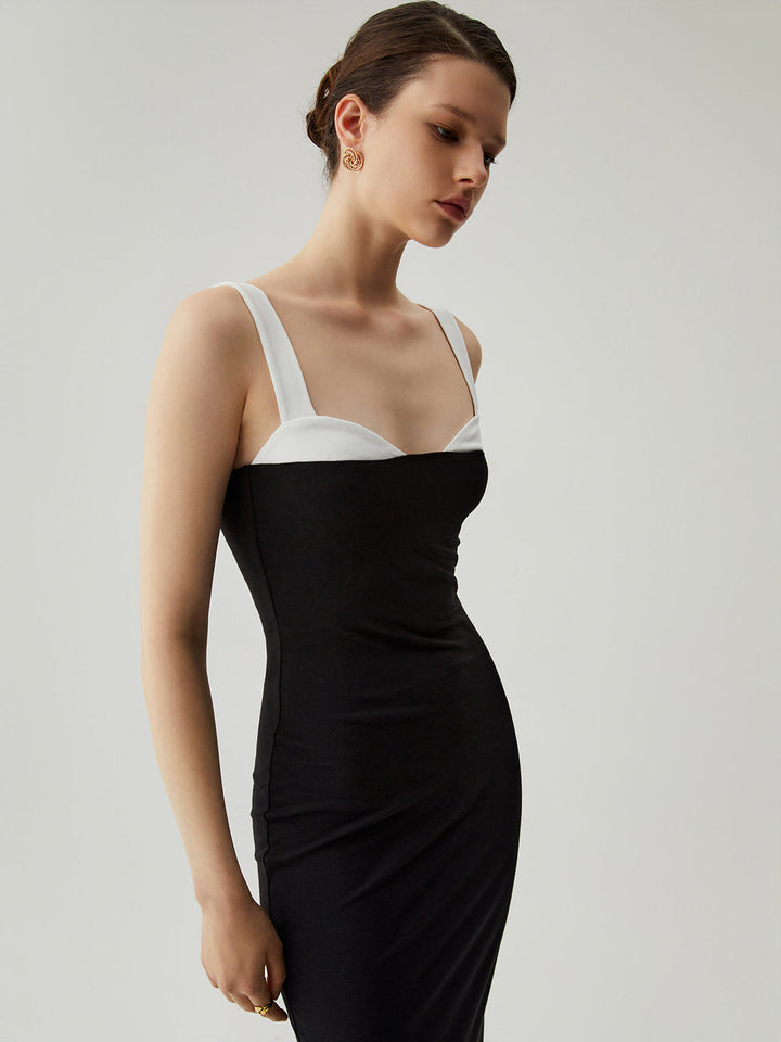 Robe Mi-longue Moulante Patchwork à Col Coeur