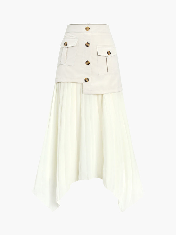 Jupe Midi Plissée Asymétrique Boutonnée Patchwork