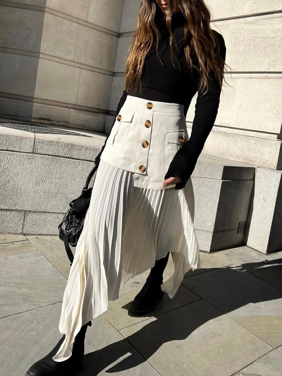 Jupe Midi Plissée Asymétrique Boutonnée Patchwork