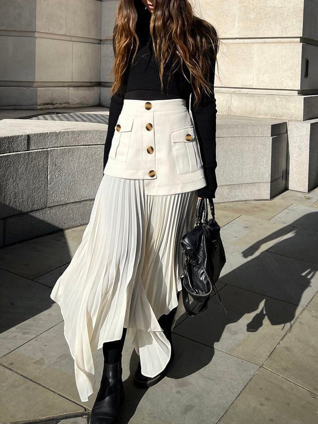Jupe Midi Plissée Asymétrique Boutonnée Patchwork