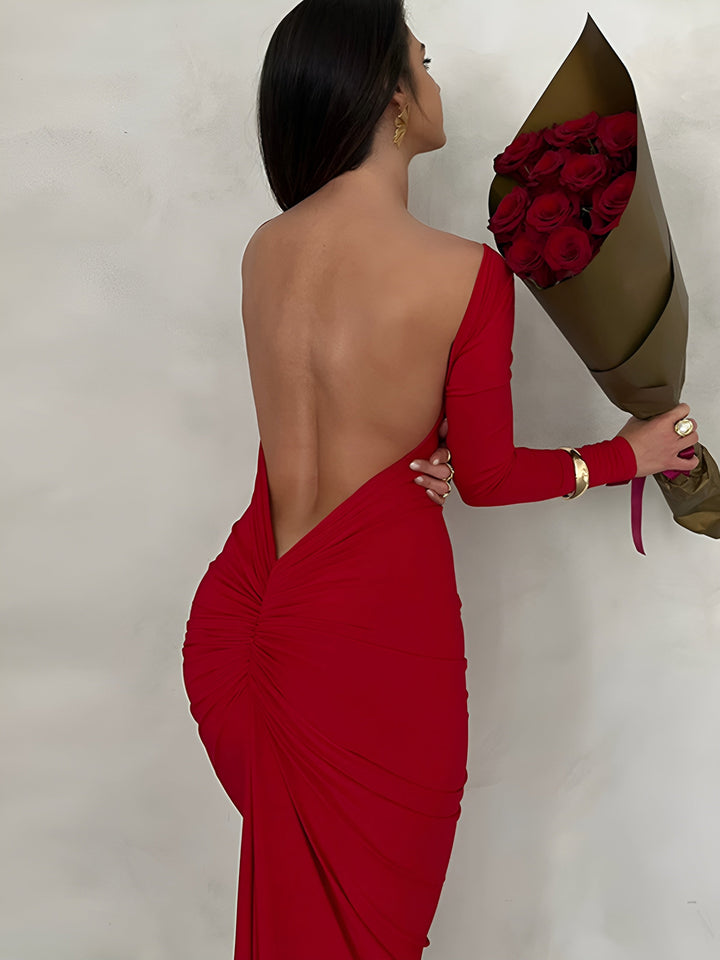 Robe Maxi à Manches Longues et Dos Ouvert Ruché