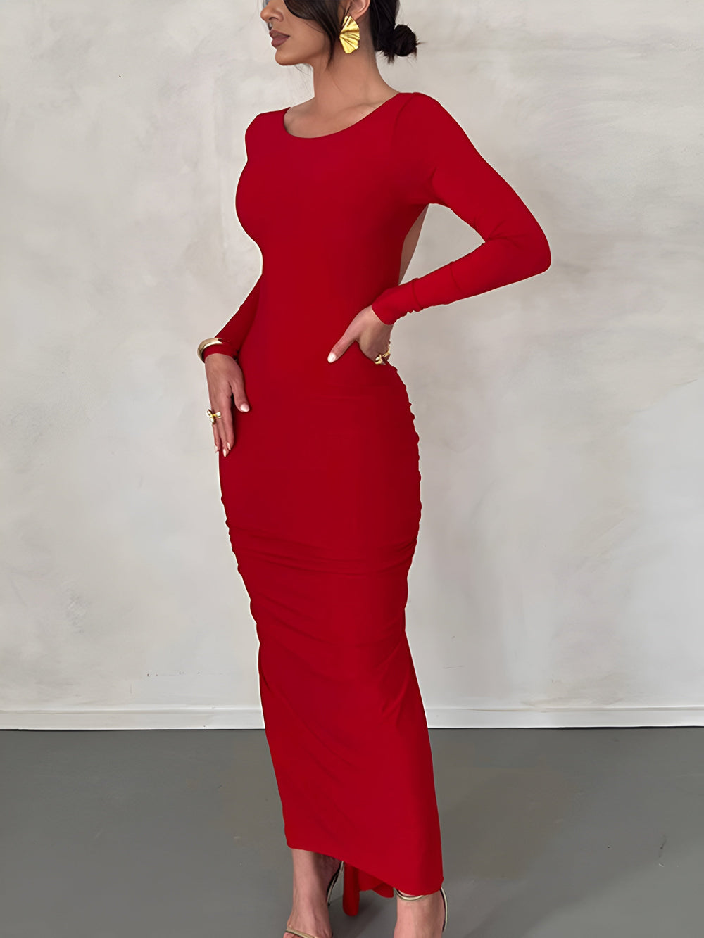 Robe Maxi à Manches Longues et Dos Ouvert Ruché