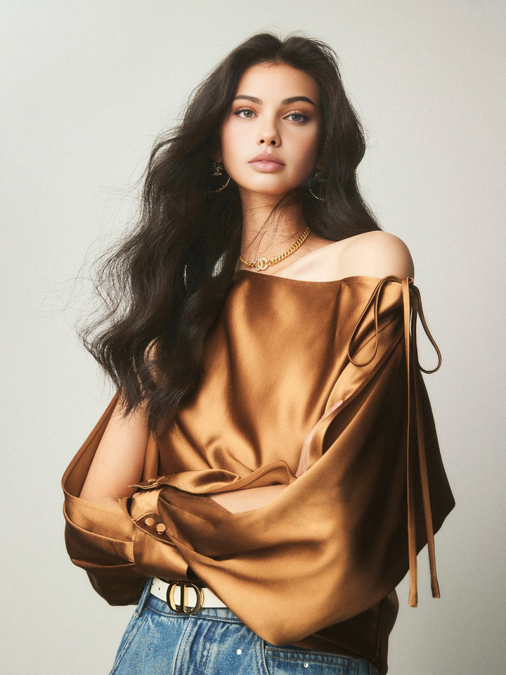 Blouse Nouée Satin Asymétrique Épaule Froide