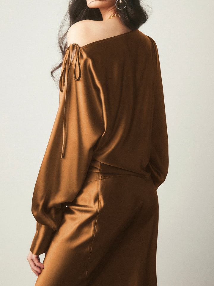 Blouse Nouée Satin Asymétrique Épaule Froide