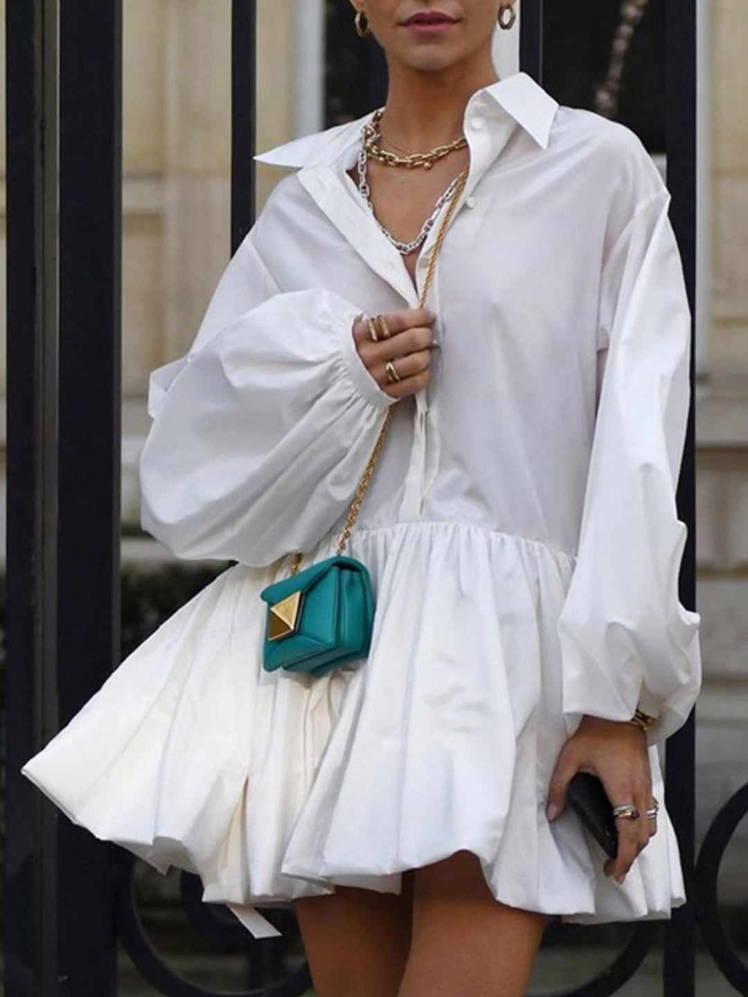 Robe Mini Patte de Boutonnage à Manches Longues Plissées et Col Polo